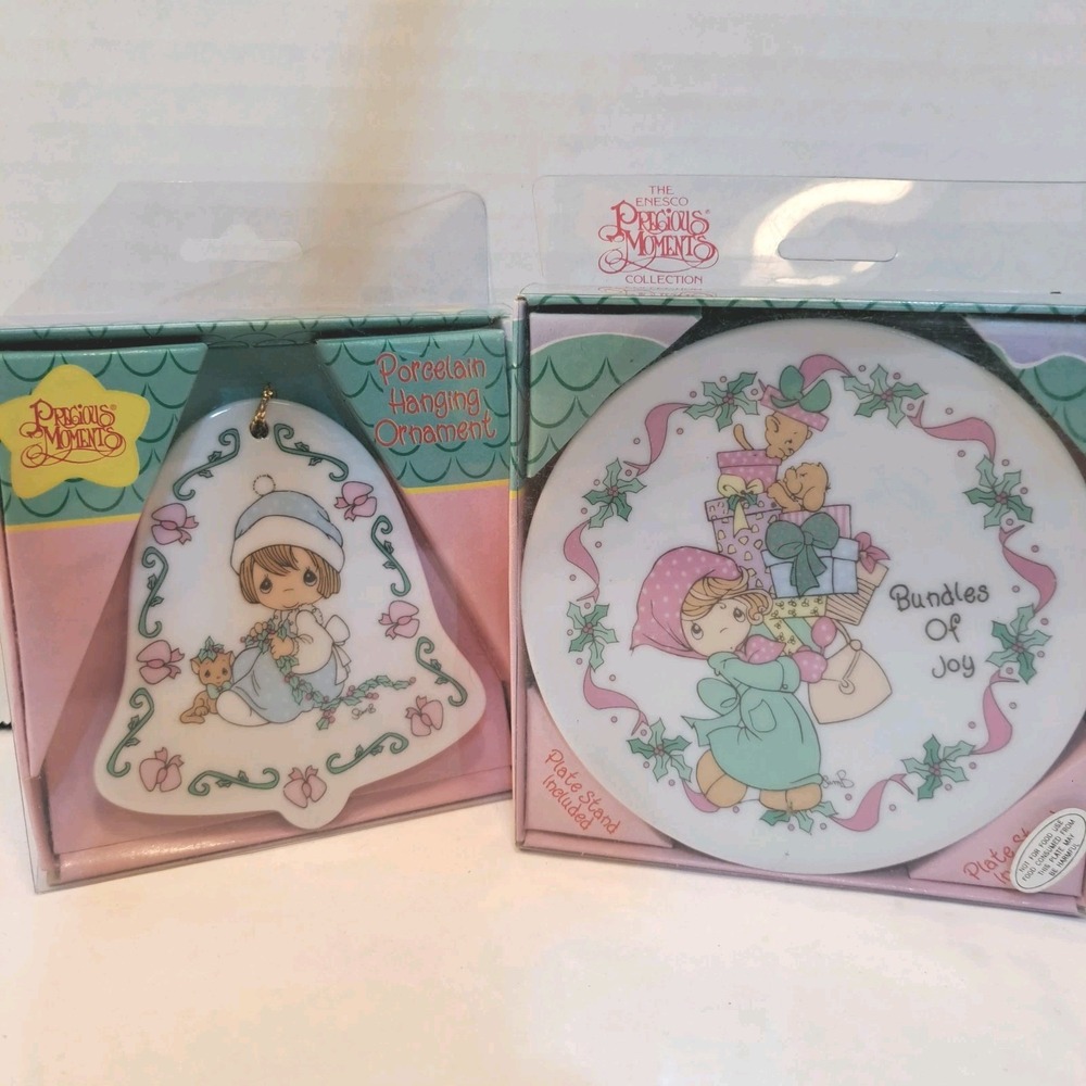 Precious Moments Porcelain Hanging Ornament & Plate Set 2 Bundles of Joy 1995